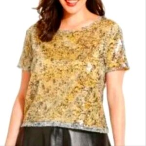 Harper & Liv Gold And Black Sequin-Front Ponte Short Sleeve Top - Size 2XL